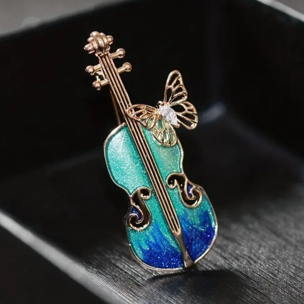 Violin Cello String Instrument with Butterfly Pin Brooch